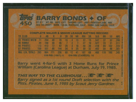 1988 Topps Baseball Barry Bonds 450