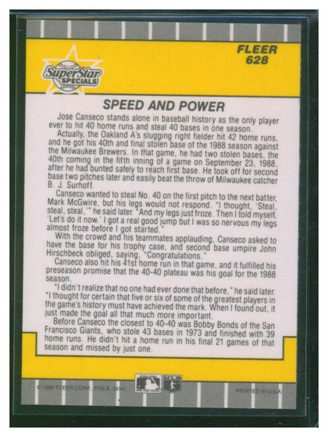 1989 Fleer Baseball Speed and Power Jose Canseco 628