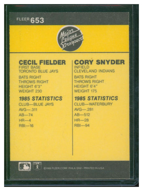 1986 Fleer Baseball Fielder and Snyder 653