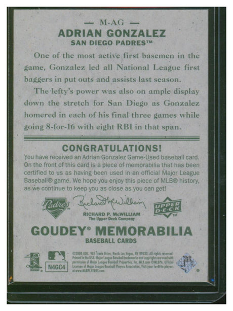 2008 Goudy Baseball Memorabilia Adrian Gonzalez M-AG